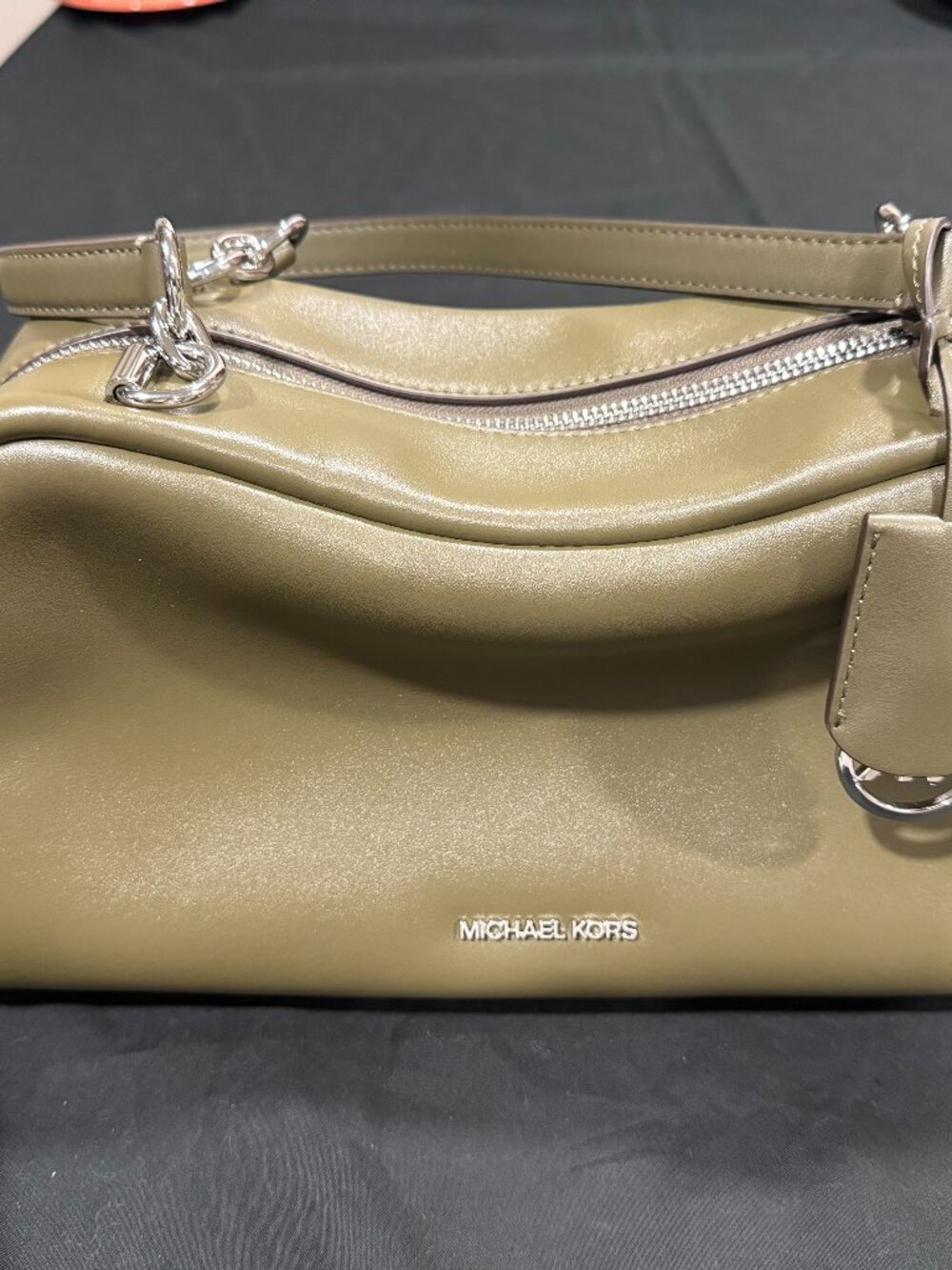 Michael Kors Olive Green Shoulder Bag Satchel Silver Hardware Zip Top 13"